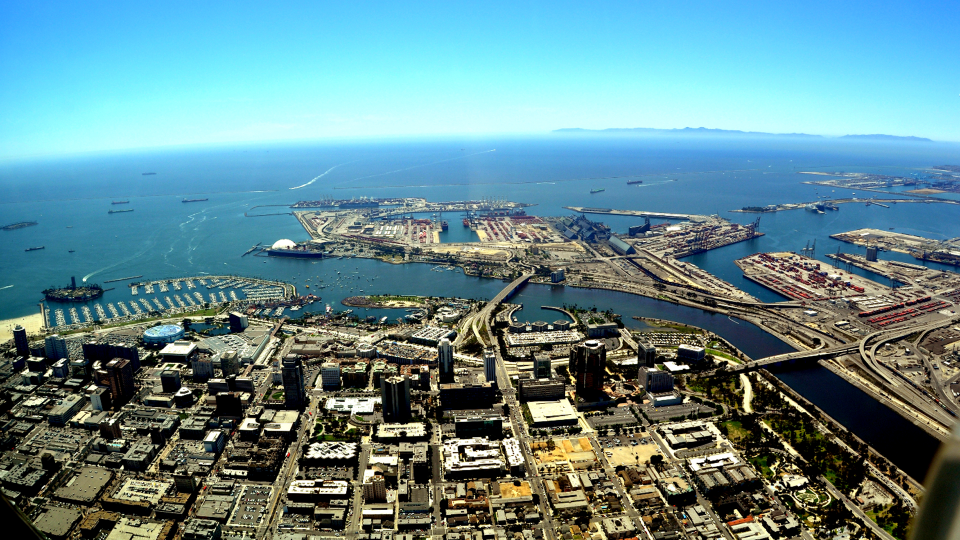 Aerial view coastal city skyline