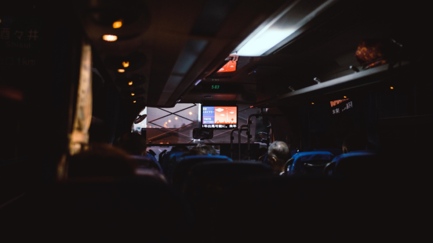 Interior charter bus at night