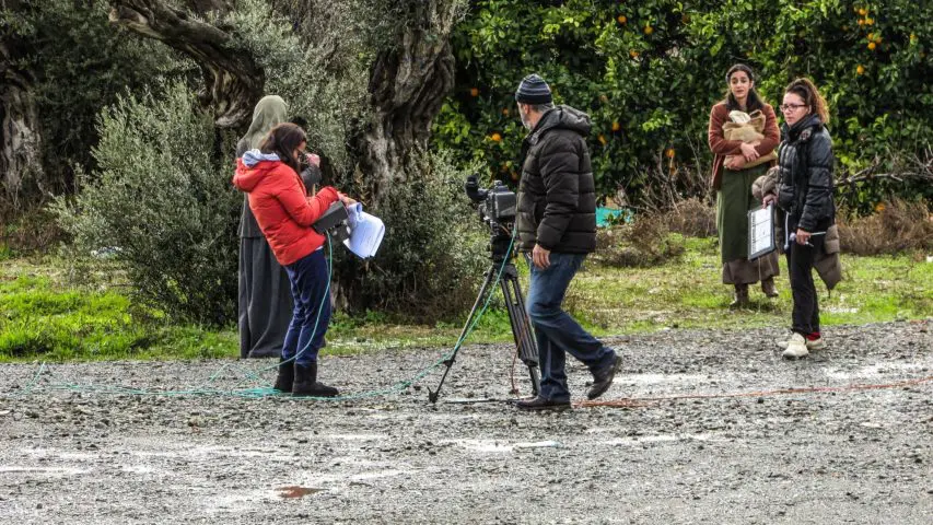 Film crew shooting outdoor scene