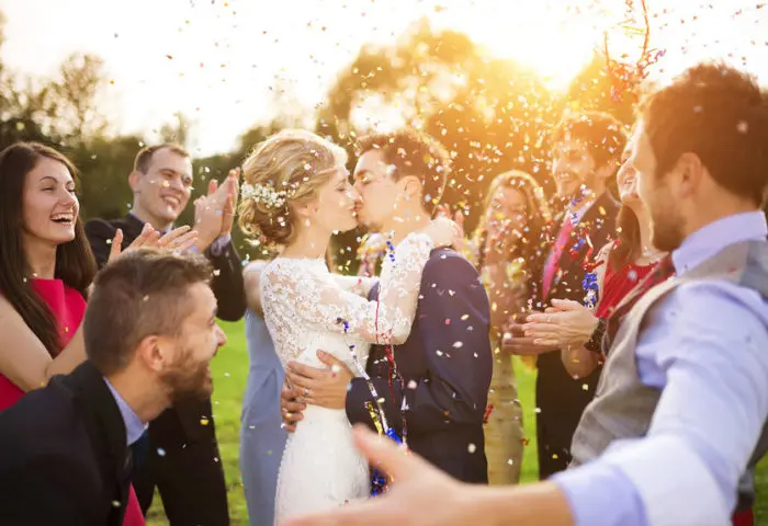 Wedding celebration with guests confetti