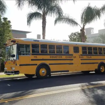 Yellow charter bus palm trees