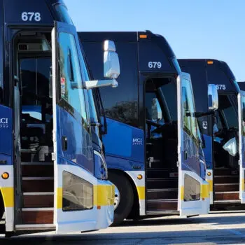 Fleet of blue charter buses