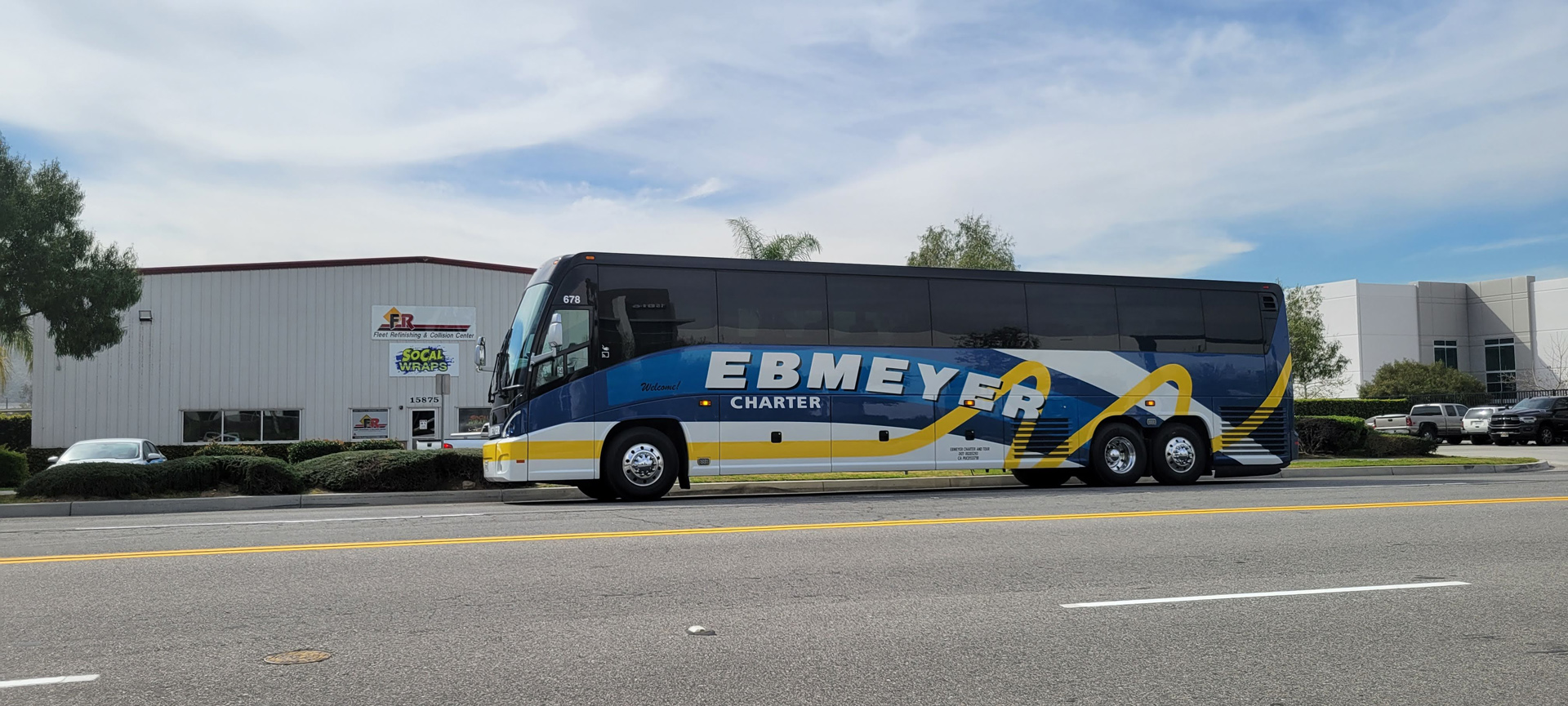 Charter bus outside building